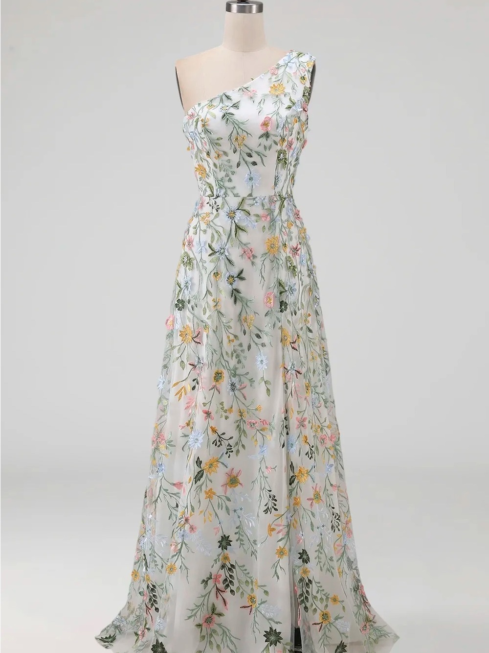 One-Shoulder Floral Embroidered White Maxi Dress